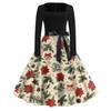 Christmas Print Flare Dress For Women Long Sleeve Dress Hollow Party Casual Square Collar Dresses