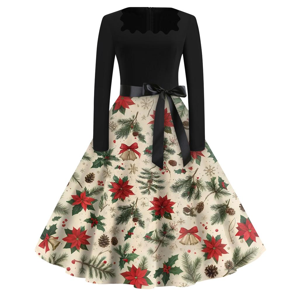 Christmas Print Flare Dress For Women Long Sleeve Dress Hollow Party Casual Square Collar Dresses