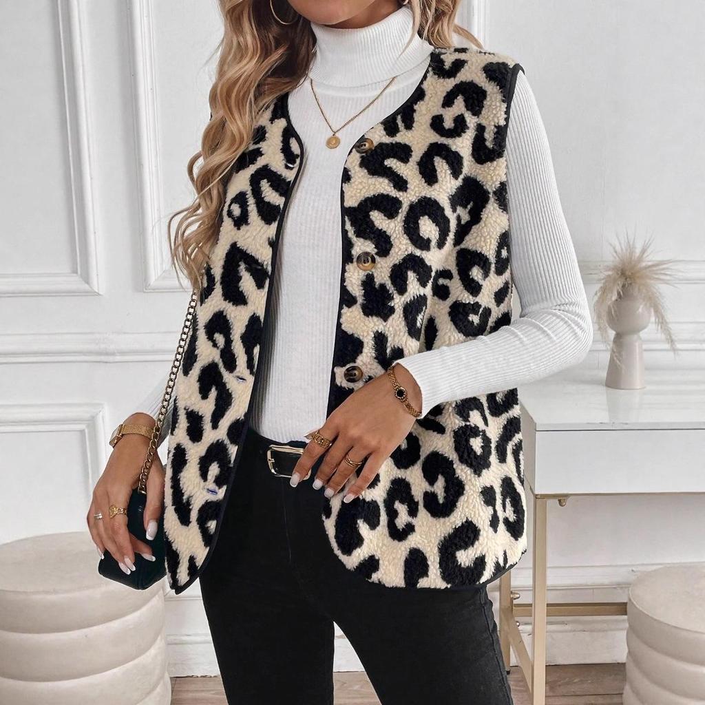 2025 Women's Leopard Print Button-Front Plush Vest - European/American Autumn/Winter Fashion