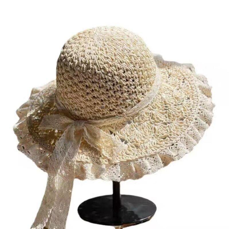 Lace Side Foldable Straw Hat Female Summer Hand-woven Hollow Bow Sun Hat Sunscreen Sunshade Beach Hat