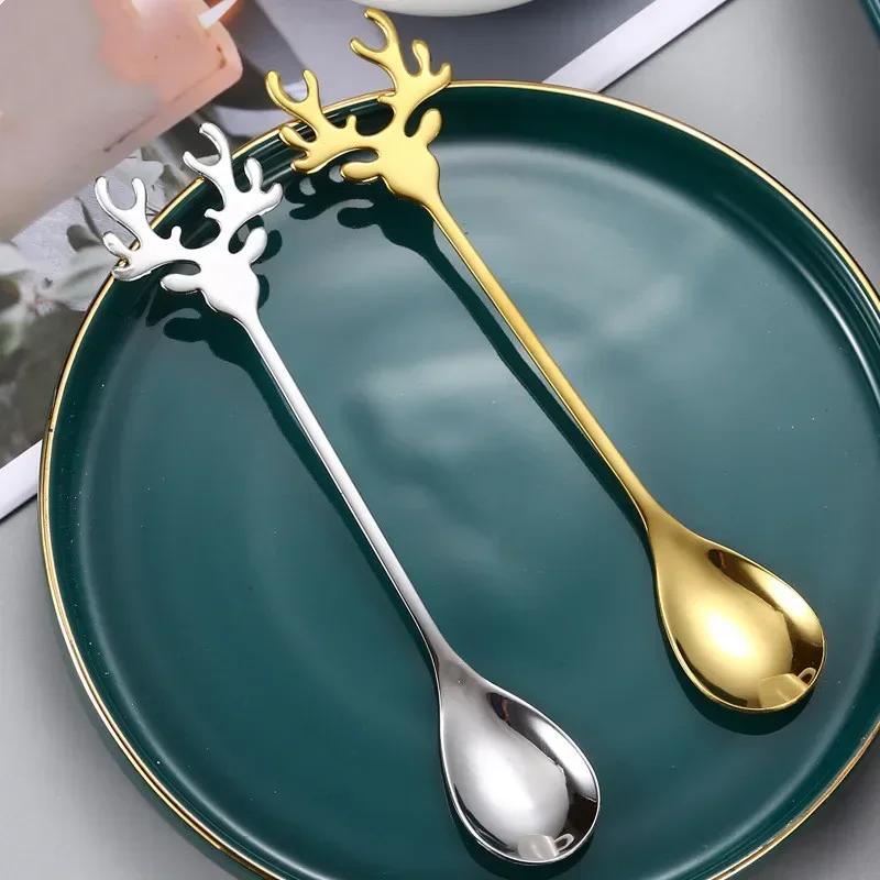 Creative Shape Spoon Antlers Shape Stainless Steel Coffee Dessert Spoon Ice Christmas Antlers Tea Tiny Stirring Tool Accessories