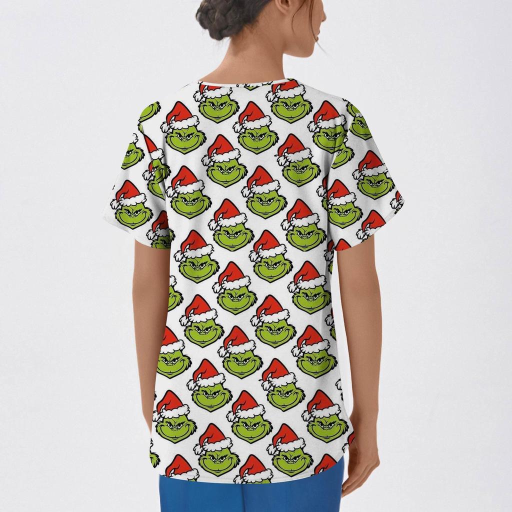 Women's Fashion Printed Short Sleeve V Neck Pattern Tops Pocket Working T-shirts