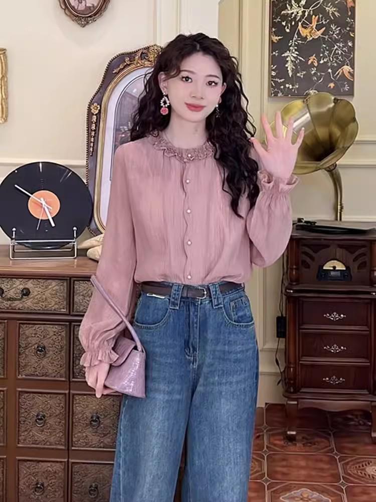 

Женская весенняя рубашка с французскими оборками 2024: Сладкий, Нежный и Элегантный Осенний Топ Medium