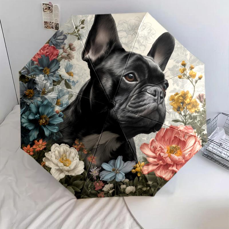 0106 Floral Black Dog  pattern, automatic folding umbrella, portable and foldable design, 8 ribs, a Christmas or birthday gift.