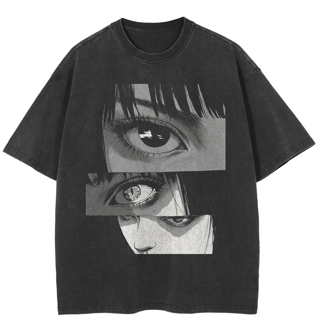 Retro Washed Black Aesthetic Anime Eyes Graphic T-Shirt