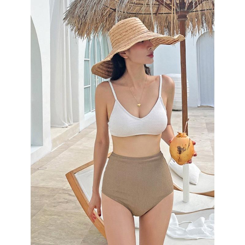 Source Contrast Color White Skinny High Waist Skinny Sling Gathering Conservative Muse Hot Spring Resort Split Swimsuit
