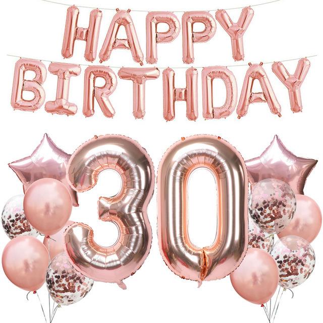 

Набор воздушных шаров на 18-й, 30-й, 40-й день рождения, Розовое золото Золото Алюминиевая пленка Буква для дня рождения Праздничный пакет 30-year-old package rose gold confetti