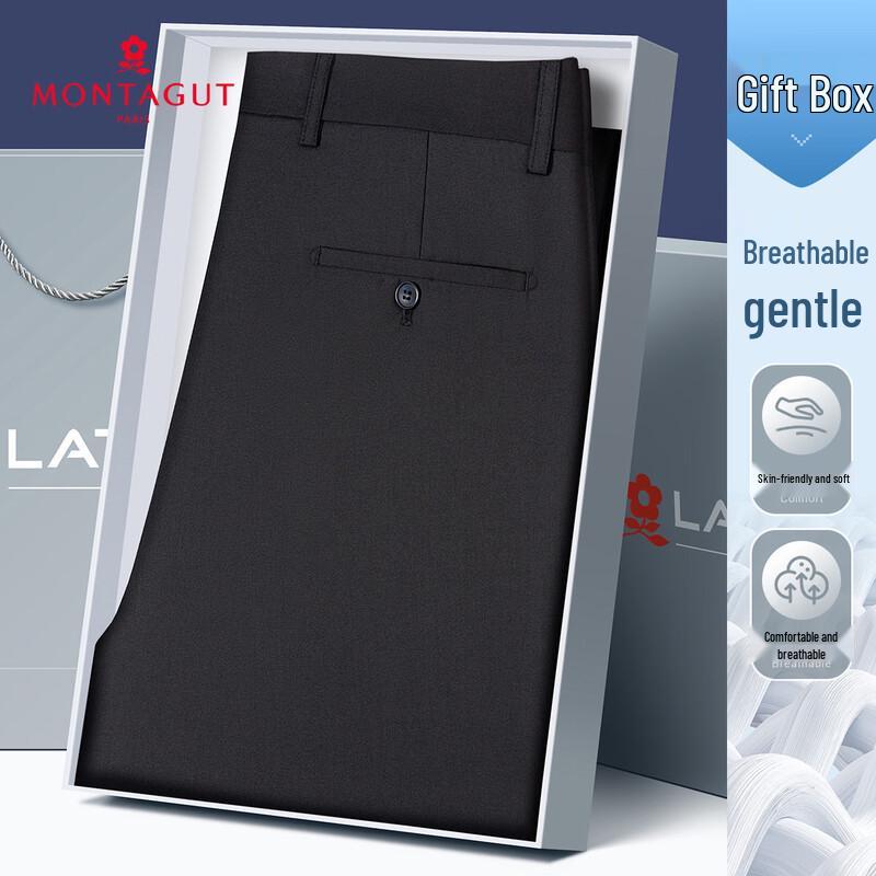 MONTAGUT Men s Smooth Easy-Care Straight Leg Casual Trousers (New Year Gift) L