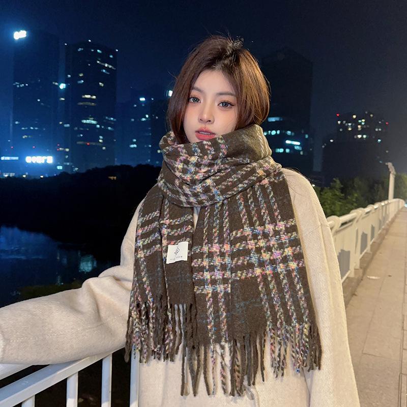 Imitation cashmere scarf women's winter high-end feeling new small fresh plaid thickened warm shawl scarf