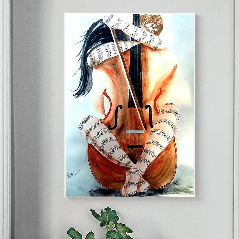 Abstract Sexy Woman Canvas Painting Wall Art Violin Musical Instrument Body Posters and Prints for Living Room Decor Cuadros
