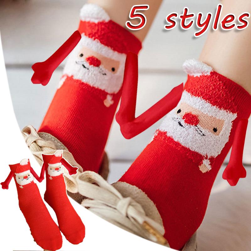 12PCS Christmas Socks Fall and Winter Cotton Magnet Hand-holding Socks Mid-calf Socks Cute Couple Socks Cartoon Christmas Socks