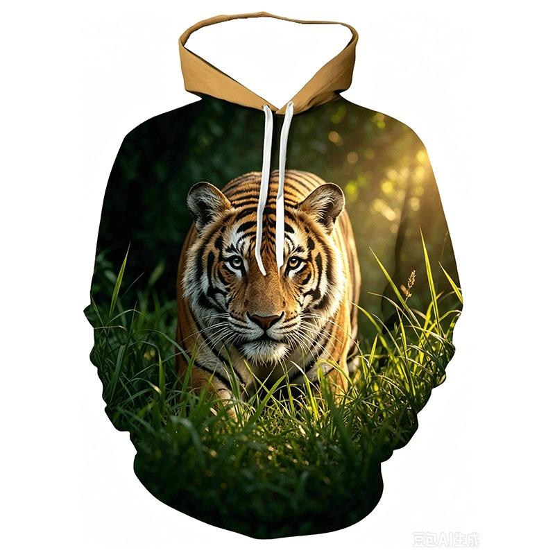 Casual Long Sleeve Hoodie for Men Featuring a 3D Design of a Sacred Lion And a Young Lion, Complete with a Pocket. Spring and Autumn