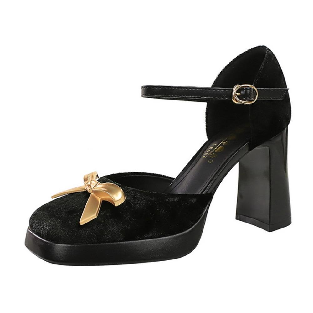 

9cm European Ladies Square Toe Pumps, Metal Bow Decoration Buckle Strap Platform Block Heels, Elegant Socialite Style Daily Party Formal Women Shoes 34 чёрный