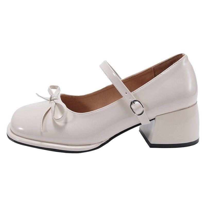 French Bow Square Head Single Shoes Women's Middle Heel Spring 2025 New Versatile Small Fragrant Thick Heel Mary Jane Shoes