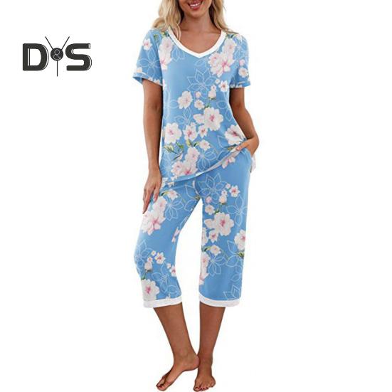 Pyjama d'été 2 pièces pour femme, imprimé floral, col en V, manches courtes, taille élastique, pantalon court, tenue décontractée, vêtements de nuit de printemps