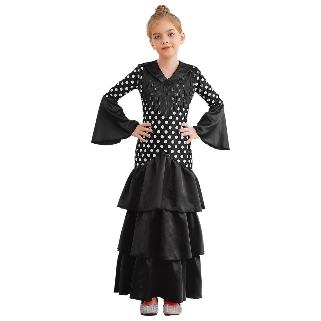 Girls Spanish Flamenco Dress Polka Dot Print Tiered Ruffles V Neck Dancewear