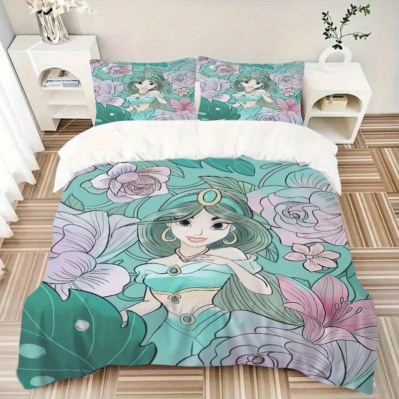 3pcs Green Princess Jasmine Printed Quilt Set Soft and Comfortable Quilt Cover for Bedroom, Guest Room Bedding Set B058