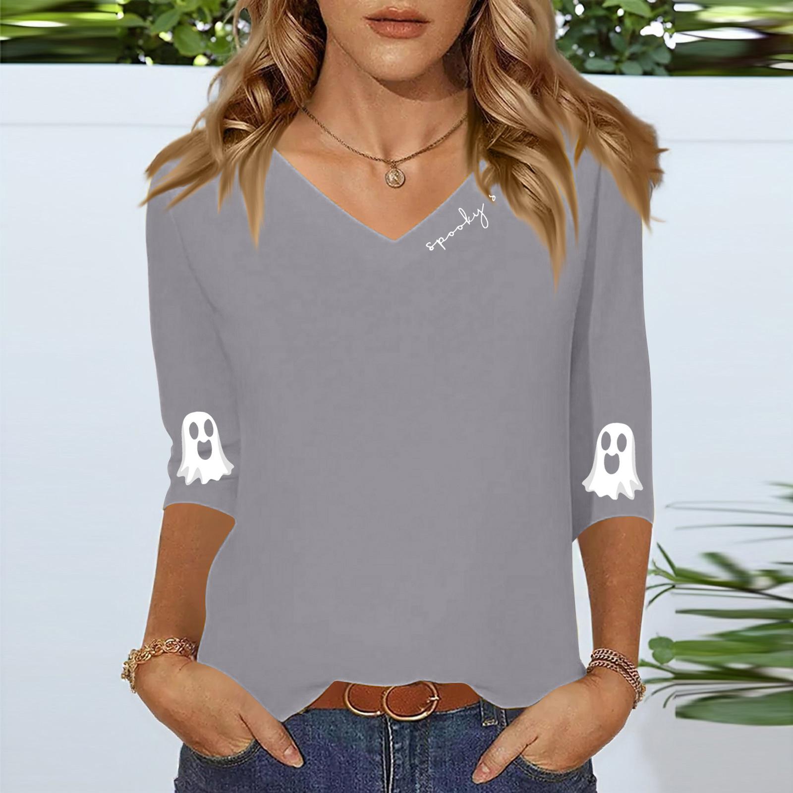 

Women s Three-quarter Sleeve Shirt V-neck Loose Casual Spooky Scason Halloween Print Top M