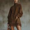 Women's High Neck Fringe Hem Mini Dress Long Sleeve Velvet Look Loose Autumn Winter Dress
