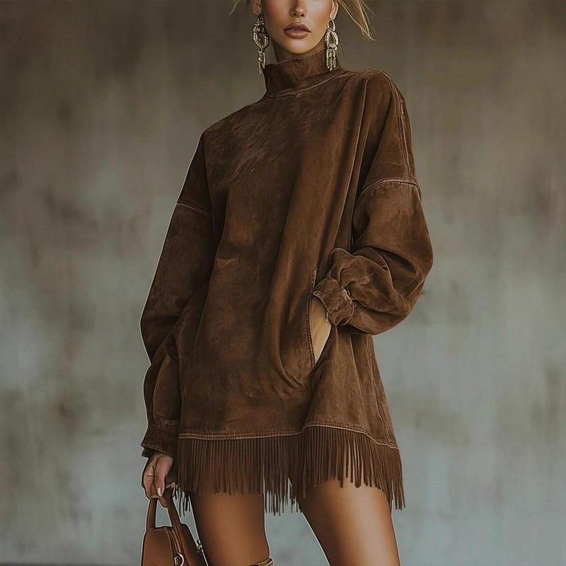 Women's High Neck Fringe Hem Mini Dress Long Sleeve Velvet Look Loose Autumn Winter Dress