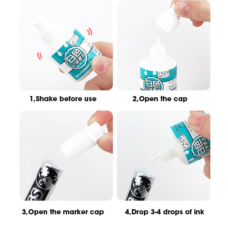 1 Box 22cc White Markers Ink Oil-Based Waterproof Non-Erasable Non-Fading Special Refiller Fluids for White Paint Pens