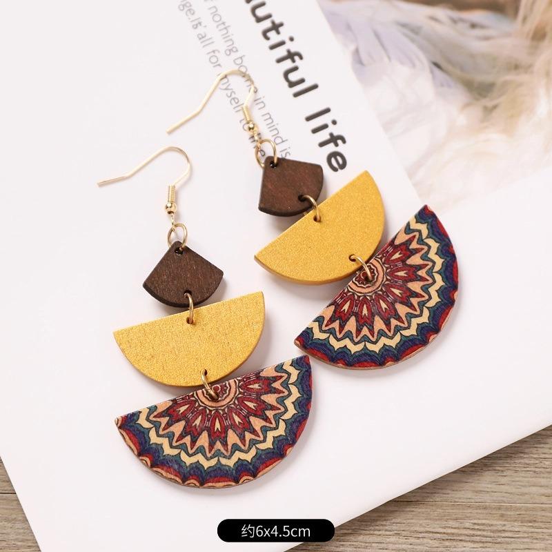 Bohemian Wood Stud Earrings Niche Design Geometric Stripe Print Earrings Femininity Personality Earrings