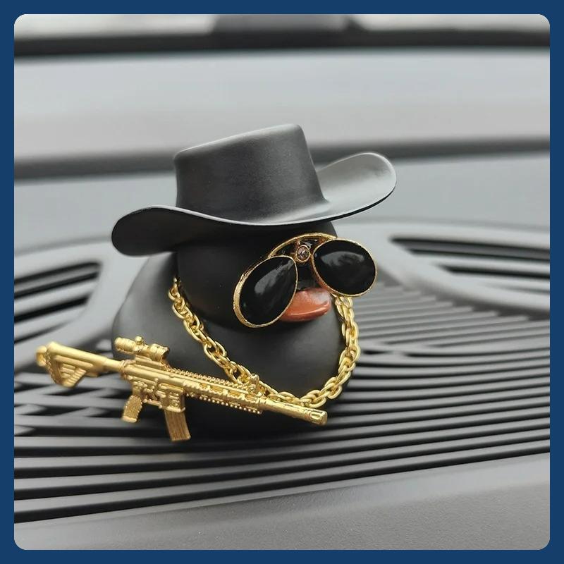 Cowboy Hat Ducks Trendy Car Dashboard Decoration Rubber Duck Office Car Decoration Ornament Black Duck with sunglasses Necklace