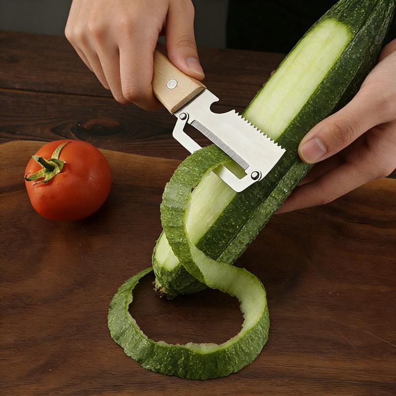 

Многофункциональная овощечистка для кухни, Ультраострое лезвие из нержавеющей стали с деревянной ручкой и открывалкой для бутылок бежевый