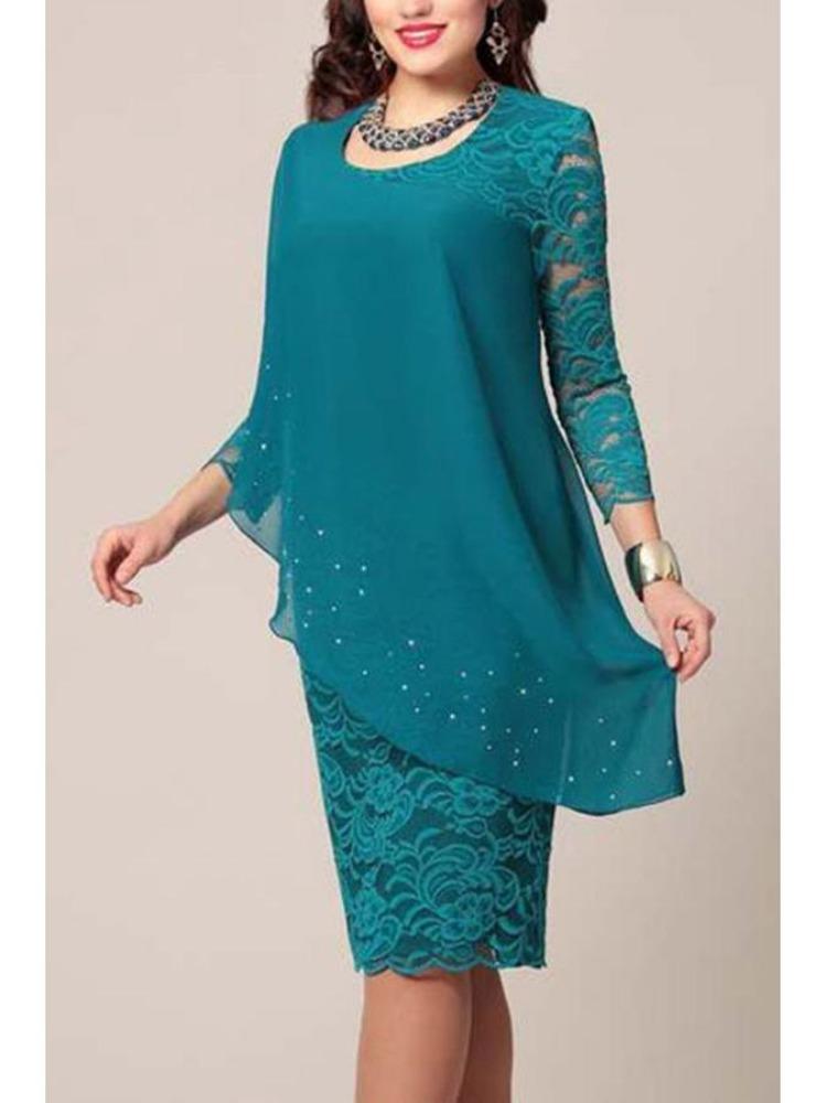 Elegant Solid Color Slim Dress with Lace Trim and Three Quarter Sleeves