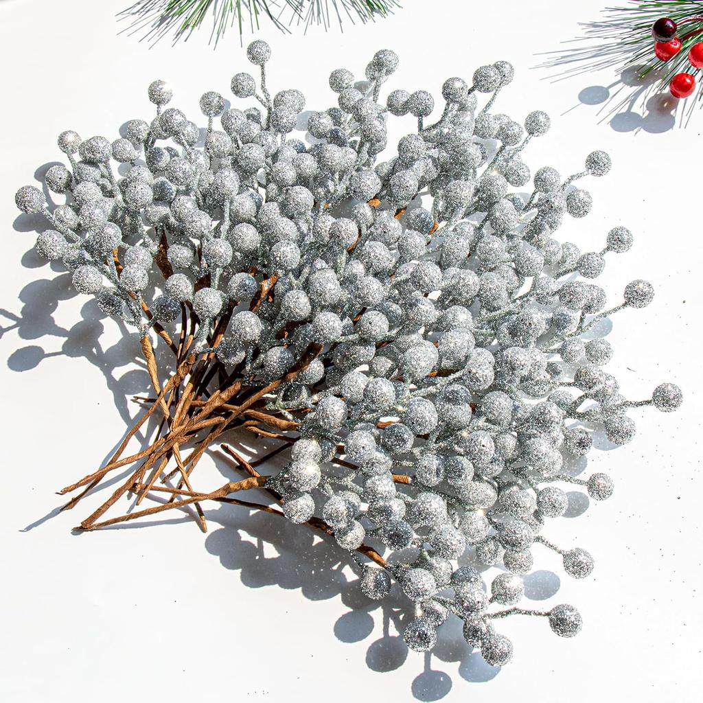 32 Pack Glitter Christmas Picks, 6.5-Inch Red Artificial Berry Stems for Xmas Tree & Home Decor