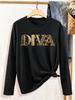 Diva Letter Print Crew Neck Long Sleeve Tops Casual Graphic T Shirt for All Seasons Women's Vintage Style Clothing Girls Female