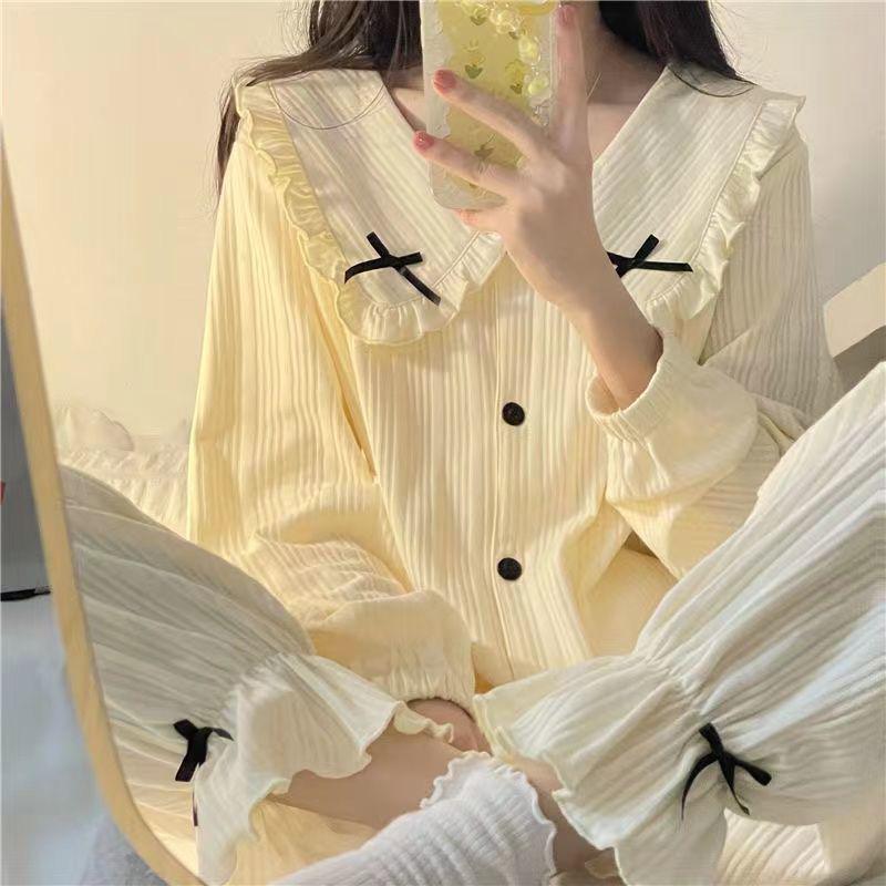 Women's Cute Korean Ins Doll Collar Bow Cardigan & Pants Set - Spring/Autumn Princess Style Loungewear