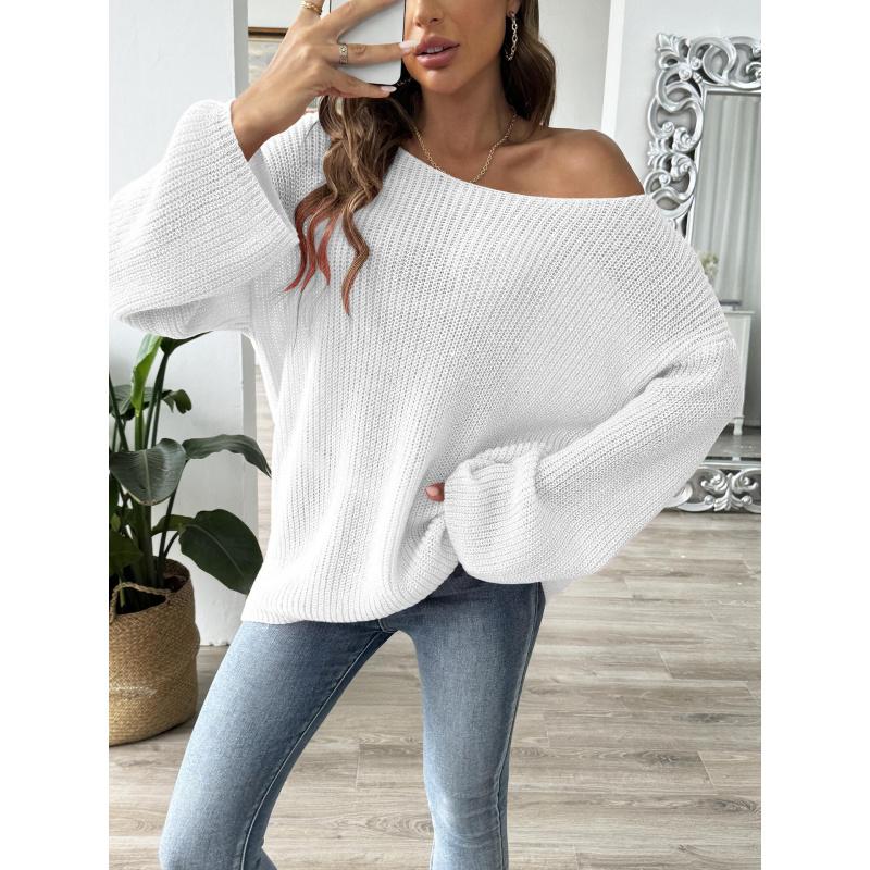 Women's Pullover Sweater Top Simple Loose Off-Shoulder Bell Sleeve Sweater