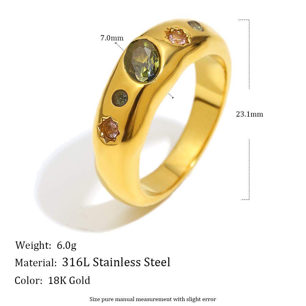 

E.B.belle Green Zircon Sun Pattern Ring Stainless Steel Classic Style Creative Personalized Tarnish Free Jewelry for Women 6 золотой