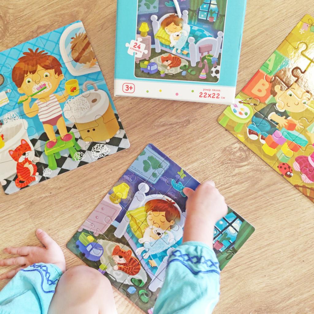 Zestaw Układanek Edukacyjnych 4W1 - Mój Dzień Codzienny Dla Dzieci, Kolorowe Puzzles 15X15 Cm, Certyfikowane Ce|En 71, Nowe, 16 Szt. W Kartonie