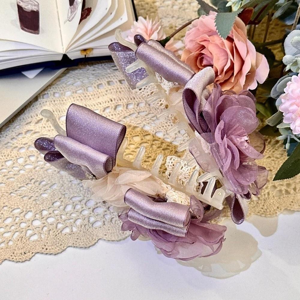 Elegant Flower Banana Clip Resin Women Ponytail Holder Fashion Purple Mesh Vertical Clip  for Gifts