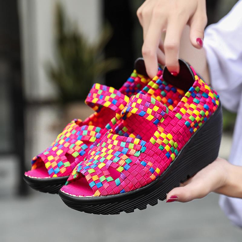 

Женские повседневные плетеные эластичные массивные сандалии, легкие дышащие туфли с открытым носком Мэри Джейн для женщин, туфли-лодочки без шнуровки, летние прогулочные туфли на высоком каблуке 40