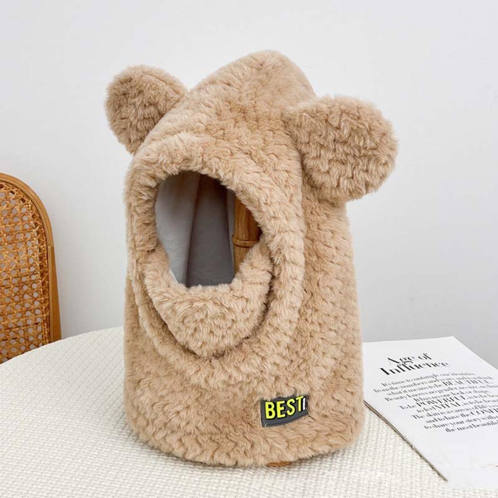 

Soft Bear Scarf and Hat Set Plush Jacquard Pullover Cap Fashion Cold Proof Scarf School темные хаки