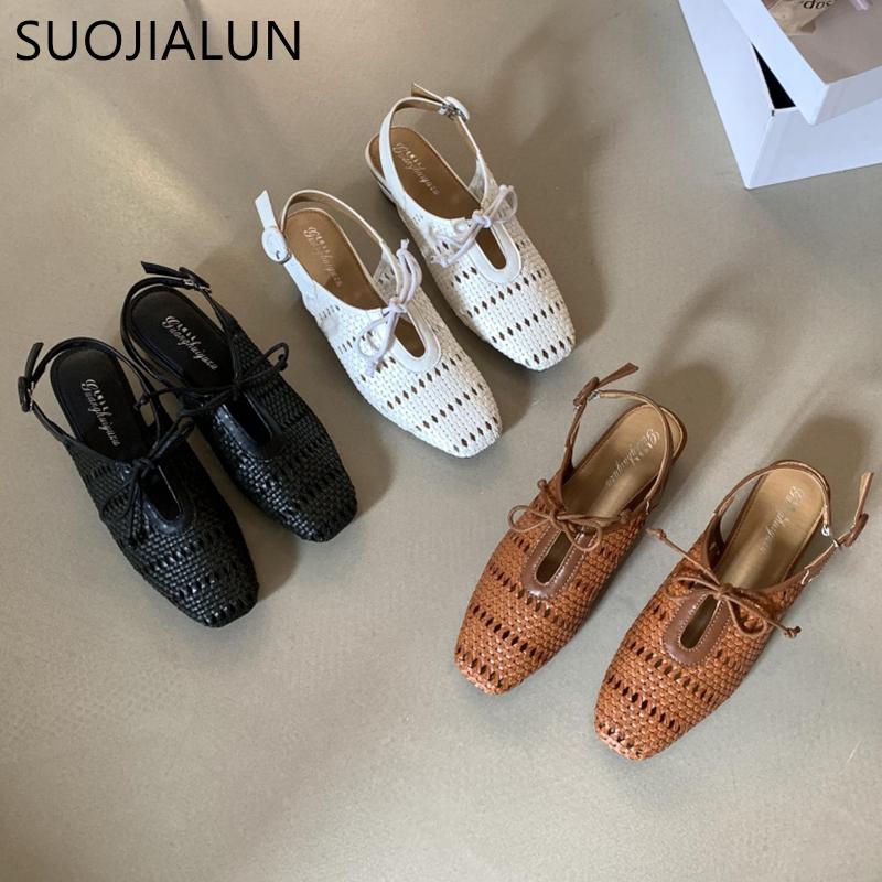 Fashion SUOJIALUN 2025 New Brand Women Sandal Fashion Weave Close Toe Slip On Slingback Shoes Square Low Heel Outdoor Dress Mules Sandal