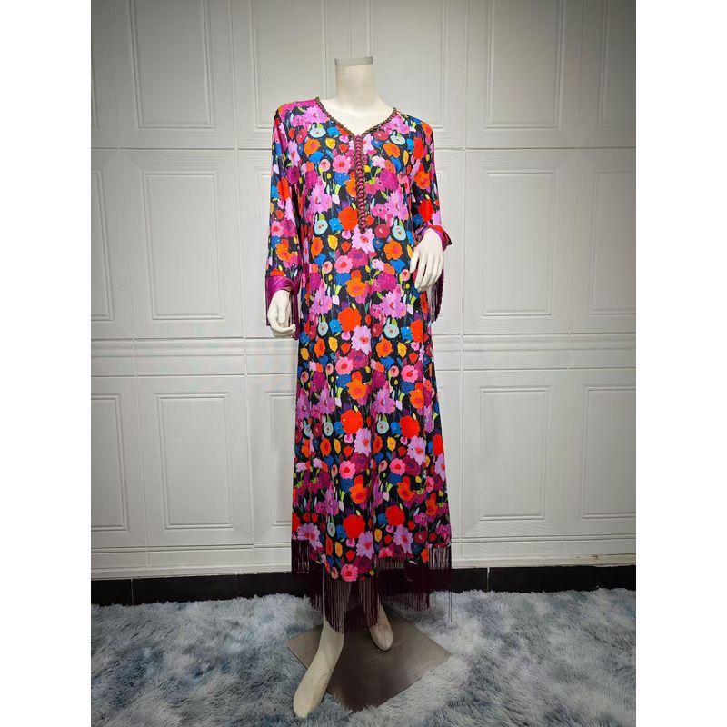 

Middle East Dubai New Print Tassel Robe Dress V-Neck Printed Tassel Dress Purple XL
