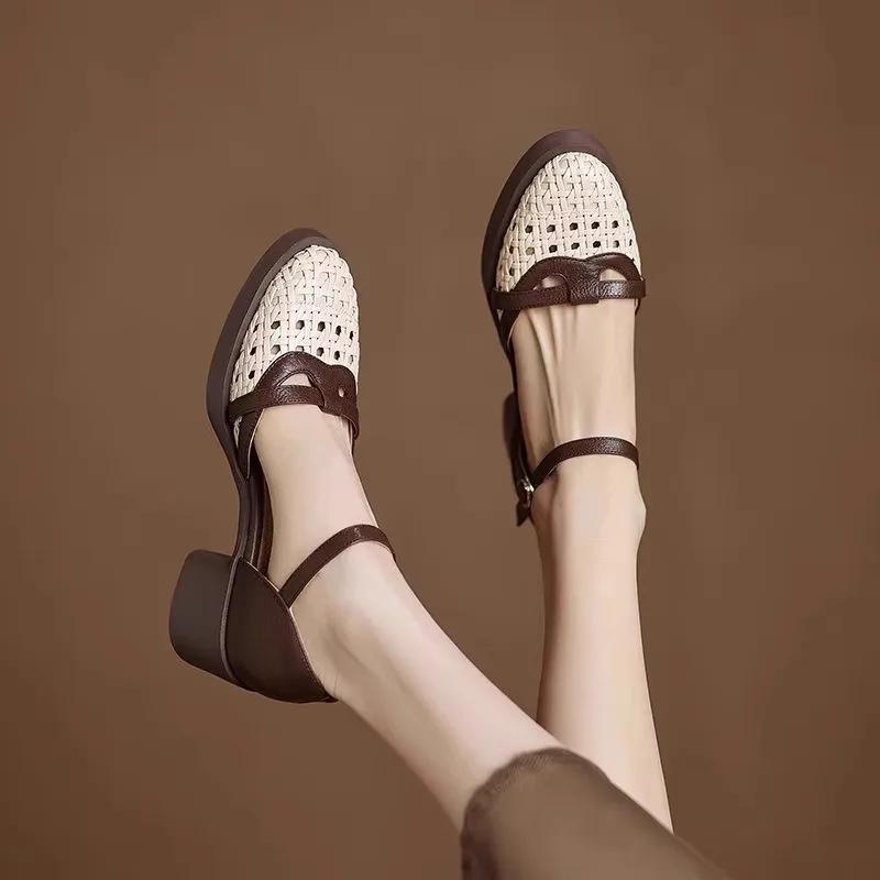Fashion Retro Woven Cutout High Heel Baotou Sandals Summer New Round Toe Shallow Mouth Block Heel Shoes Women