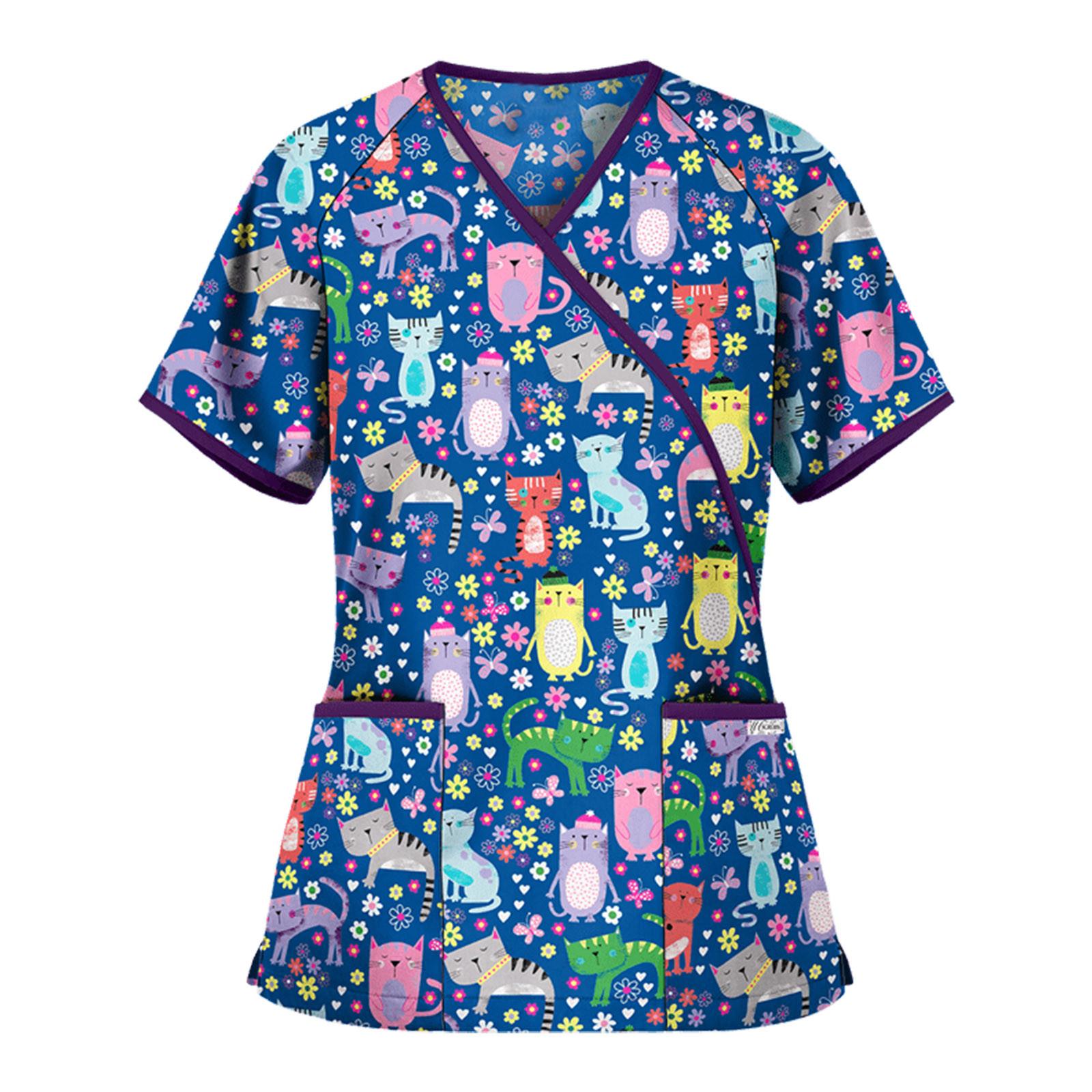 

Women Short Sleeve V-neck Tops Working Cartoon Print Blouse L темно-синий