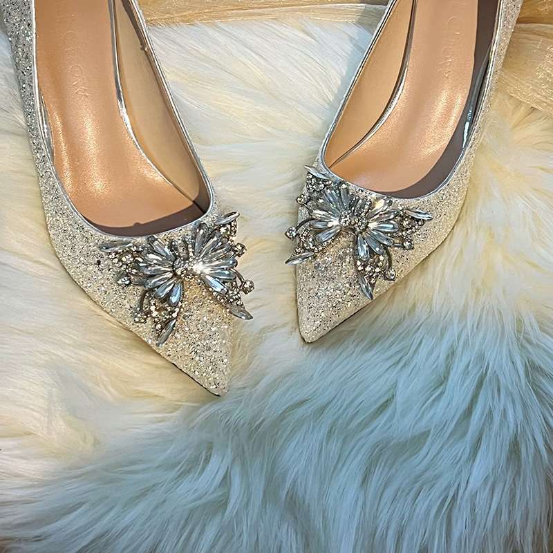 Zhang Qingqing same bow wedding shoes main wedding dress rhinestone crystal shoes bride shoes adult ceremony high heels 2025