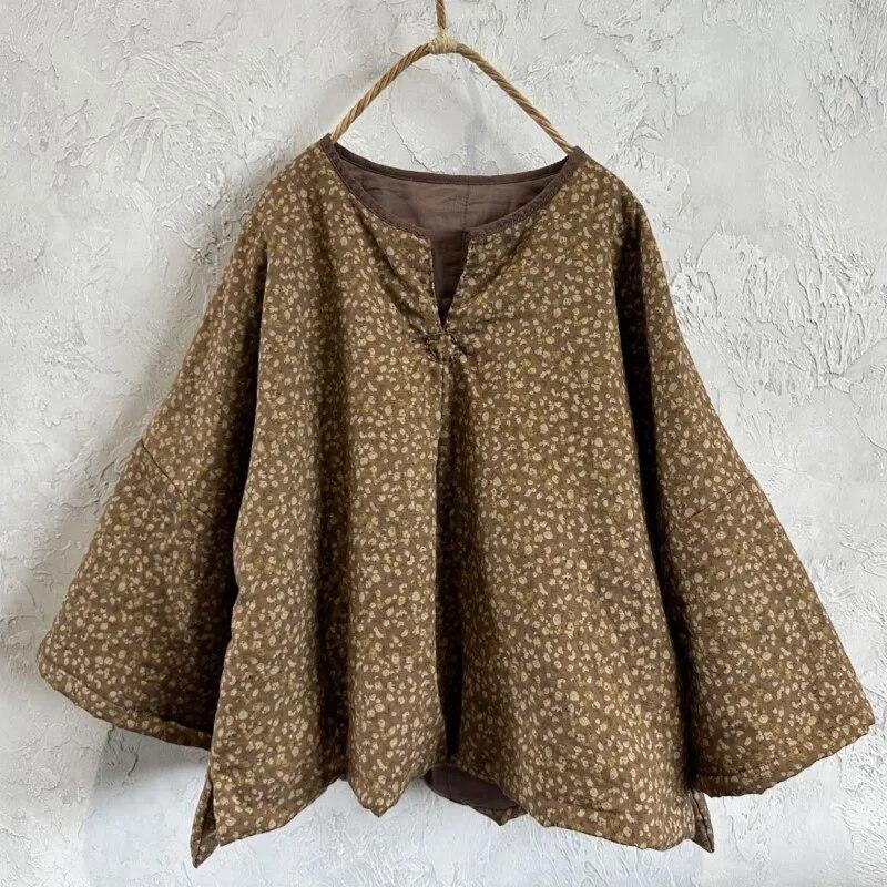 Johnature Parkas florales con estampado vintage para mujer, abrigos de invierno de manga larga con cuello en V, Parkas de mujer de estilo chino más algodón