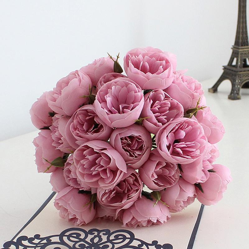 

Искусственные цветы камелии с 27 головками, букет пионов и роз, цветок невесты для свадьбы, вечеринки, офиса, украшения дома темно-розовый