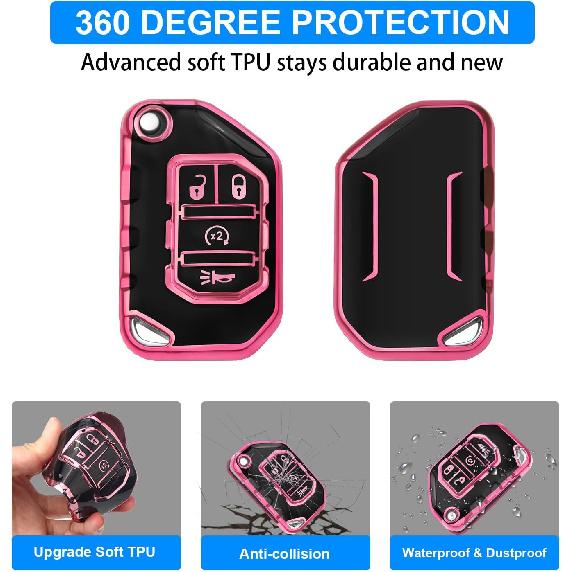 QBUC For Jeep Key Fob Cover With Keychain Compatible With Jeep Wrangler JLU JL Gladiator Rubicon JT Car Flip Key (Pink)