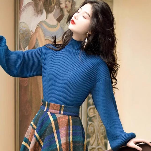 

Осенняя клетчатая миди-юбка и синий свитер с рукавами-фонариками, ретро комплект из двух частей One Size