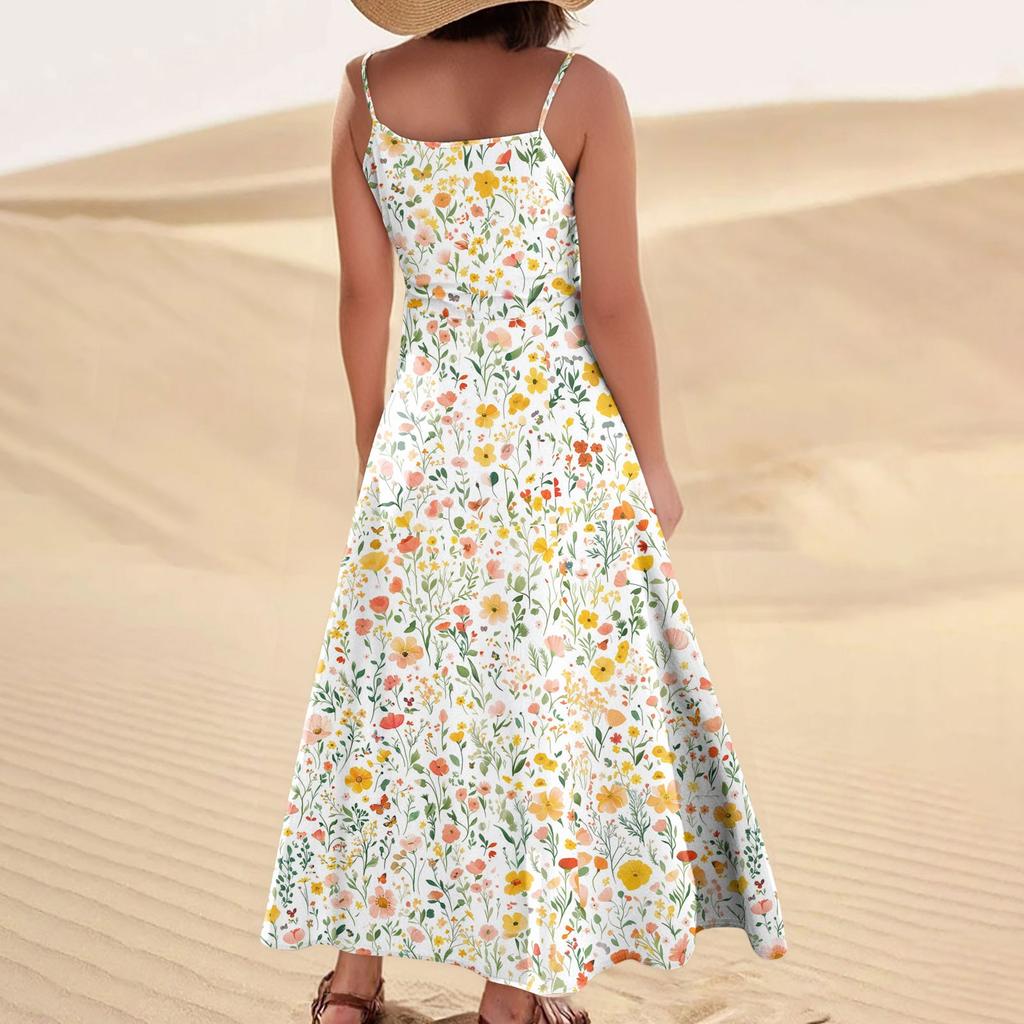 Women's Casual V Neck Floral Print Sleeveless Pocket Suspender Dress