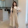 Summer 2026 Sweet College Style Hepburn Midi Dress - Women's Waist-Cinched Patchwork Fake Two-Piece.