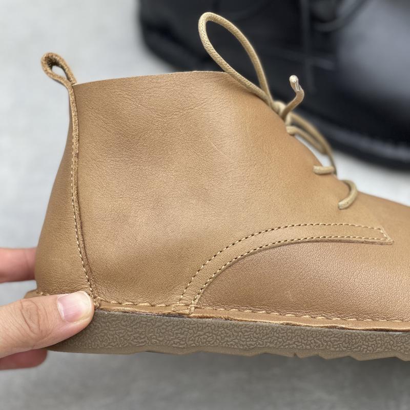 Johnature Handmade Genuine Leather Ankle Boots Casual Soft Cowhide Round Toe Lace Up Flat Women's Shoes